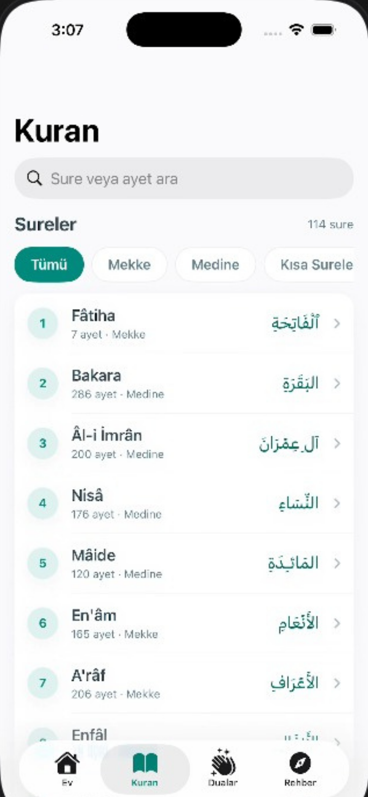 Kuran Detay Ekranı